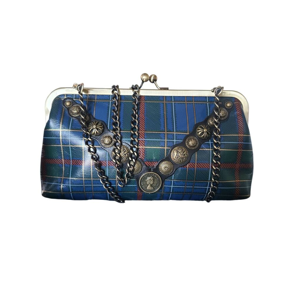 Patricia Nash Potenaz Frame Clutch in Blue & Green Tartan Plaid Leather
